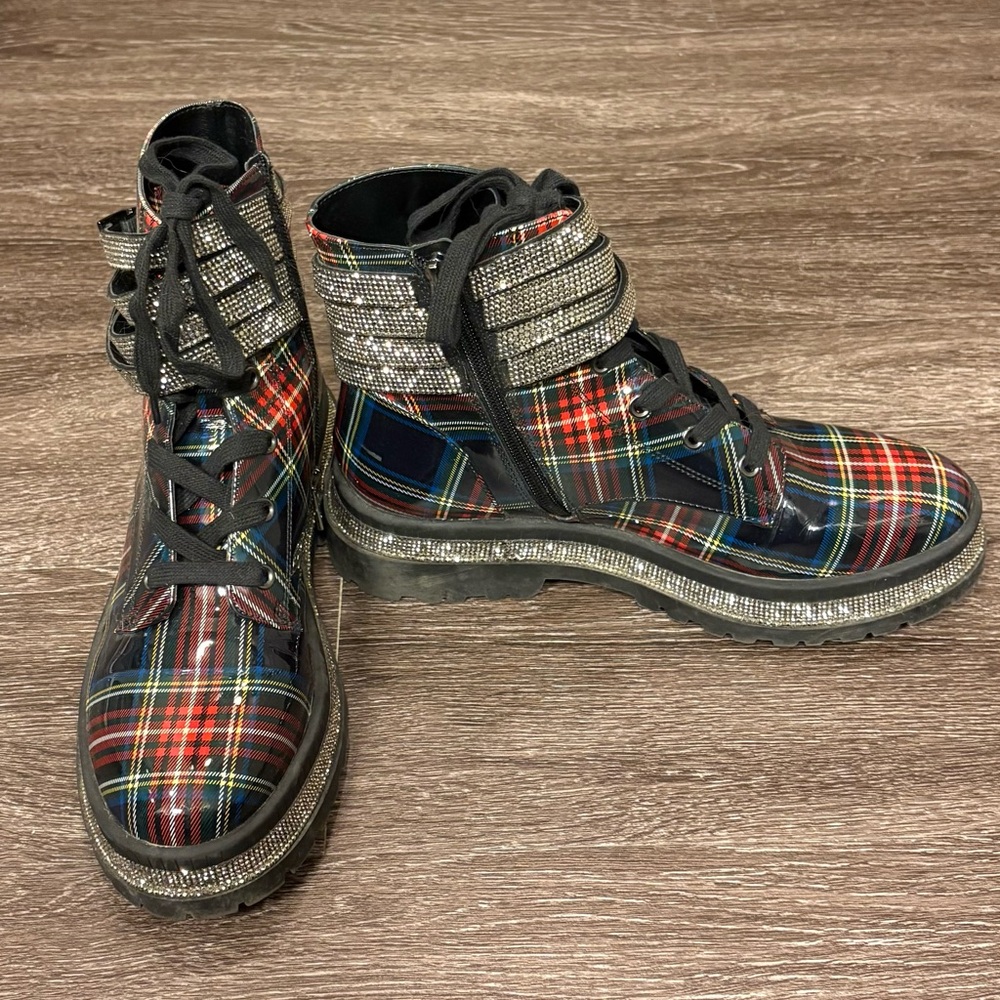 Jessica Simpson Plaid & Rhinestone Combat Boots